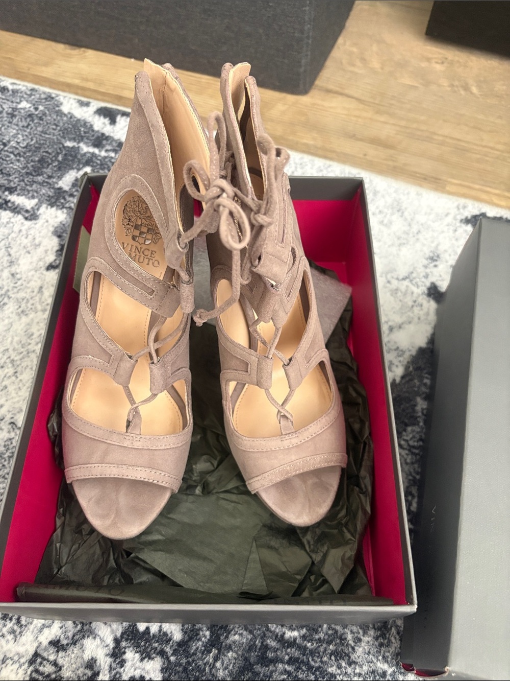 Vince Camuto Taupe Suede Lace-Up Cutout Heeled Sandals